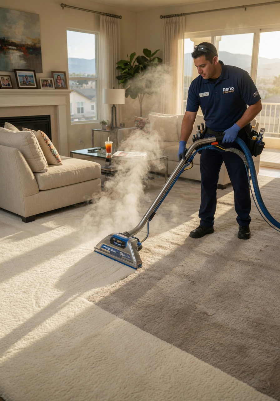 An Acme Cleaners technician steam-cleaning a residential carpet